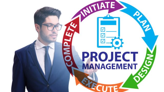 Businessman in project management different phases